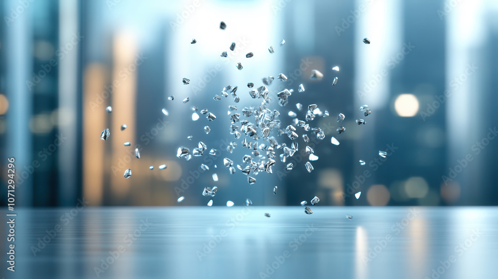 Poster swarm of crystal shards floating above reflective surface, creating mesmerizing visual effect in cit