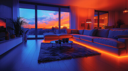 Interior of living room with sofas, coffee table and glowing lamps. Design concept