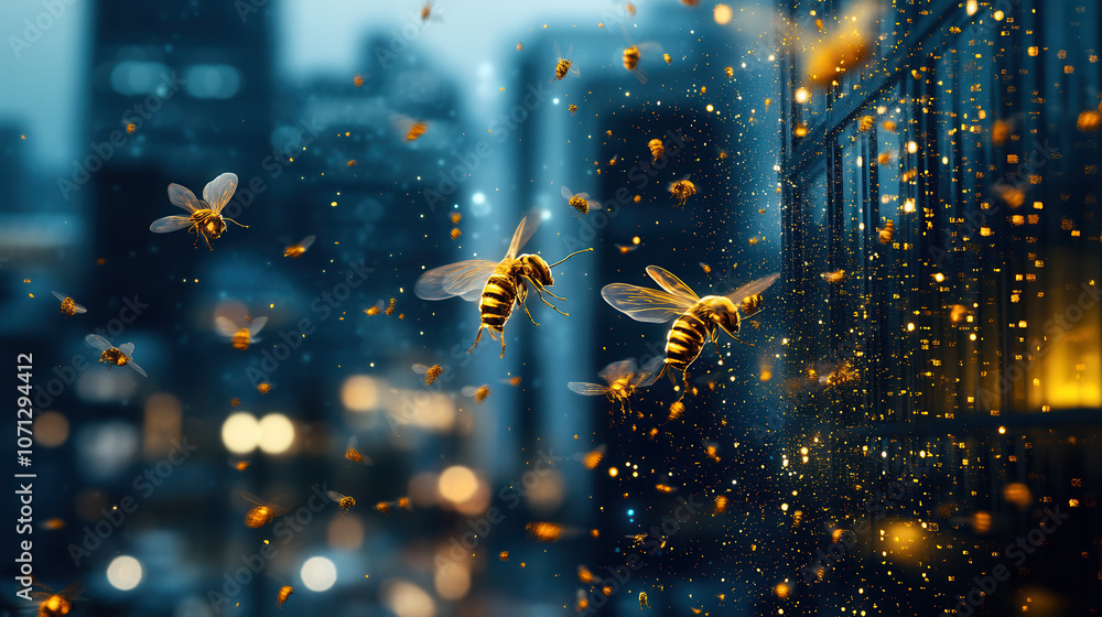 Poster bees swarm in cityscape, surrounded by shimmering particles and lights, creating magical atmosphere.