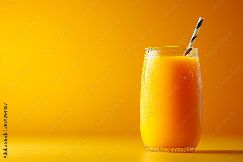 Poster enjoy a refreshing mango juice served in a stylish glass with a straw, set against a bright and smoo