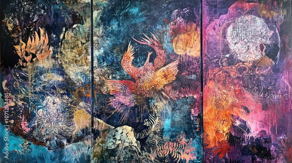Poster a vibrant triptych featuring a phoenix amidst abstract patterns and colors.