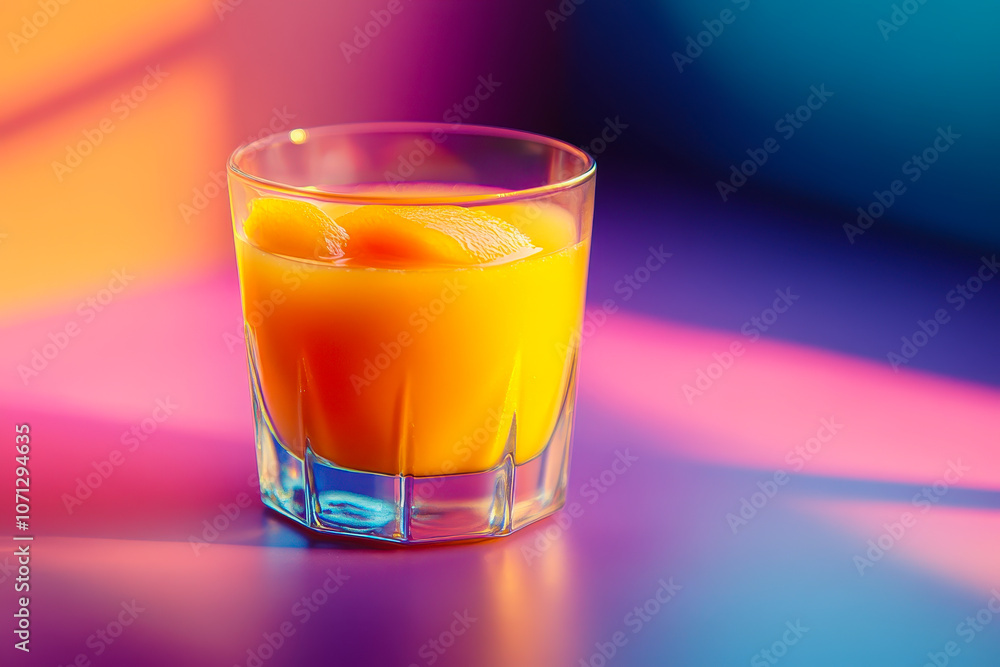 Poster a refreshing glass of mango juice sits elegantly on a vibrant gradient background, showcasing a perf
