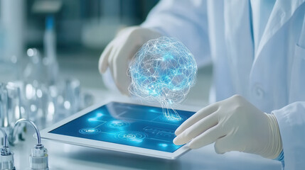 Innovative scientist using tablet to visualize neural connections in lab. focus is on technology and research in neuroscience, showcasing advanced digital interfaces