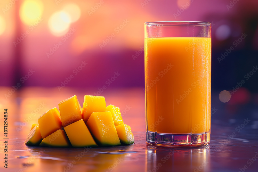 Poster a refreshing glass of mango juice served with fresh mango slices. the smooth gradient background enh