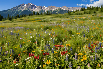 Fototapeta premium Wildflowers in the high alpine meadow with mountains in the background. Created with Generative AI