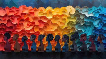 Fototapeta premium A row of diverse female figures in profile, standing in front of a colorful, abstract background.