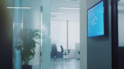 Screen Fixed on a Wall in the Center of a Company, Displaying Information and Company Logo for Professional Branding and Communication