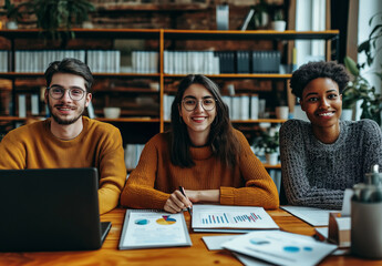 Illustration in modern modern library. Group of students sitting at desks with report cards and books. Laptop showing educational charts and graphs. Motivation to move forward and expectation of succe