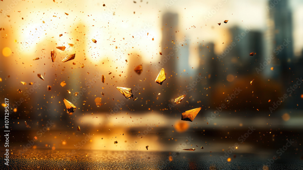 Poster swarm of crystal shard particles floating in vibrant urban sunset, creating mesmerizing visual effec