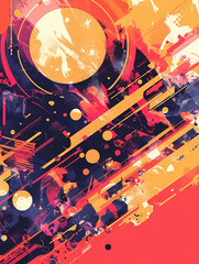 Abstract digital art with vibrant colors and geometric shapes.  A large orange circle with a white center sits in the upper left corner of the image.