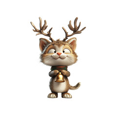 Festive Cat with Reindeer Antlers Holding a Bell