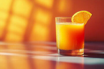 A vibrant glass of fresh orange juice garnished with a slice of orange, resting on a smooth gradient background that highlights its refreshing appeal.