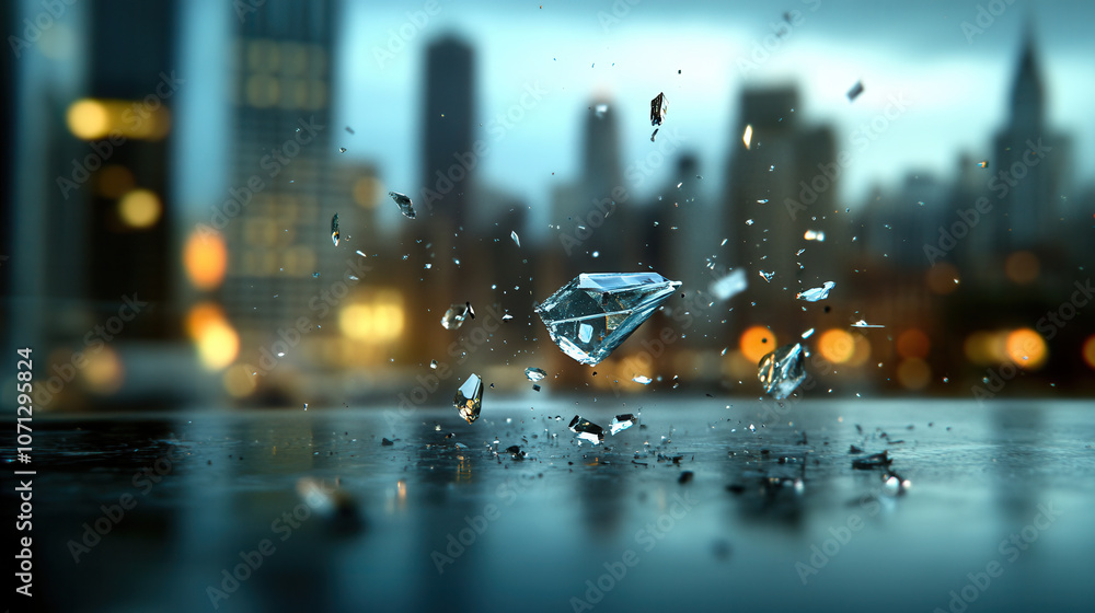 Poster crystal shard particle swirling in futuristic cityscape, creating mesmerizing visual effect. scene c