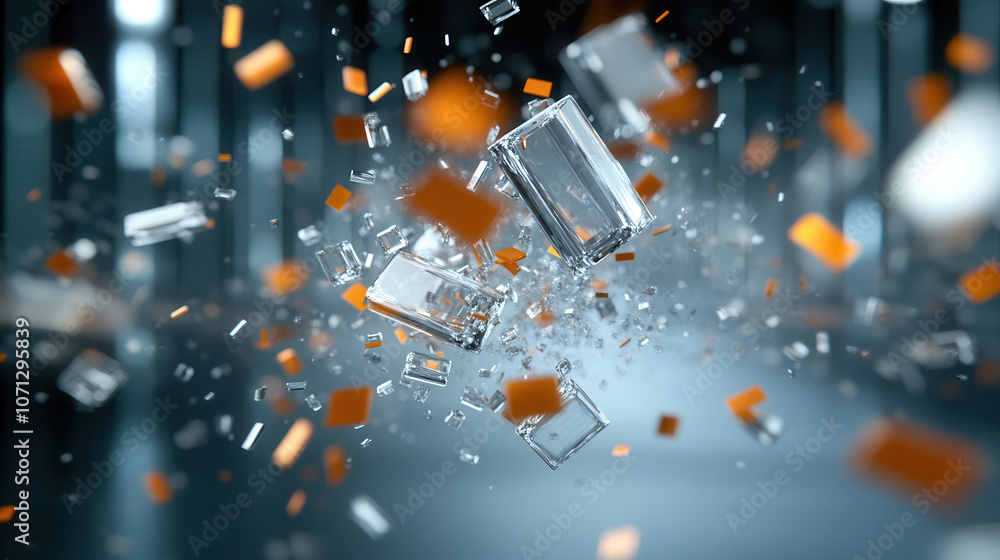 Poster swirling crystal shards and orange particles create dynamic explosion, showcasing futuristic and abs