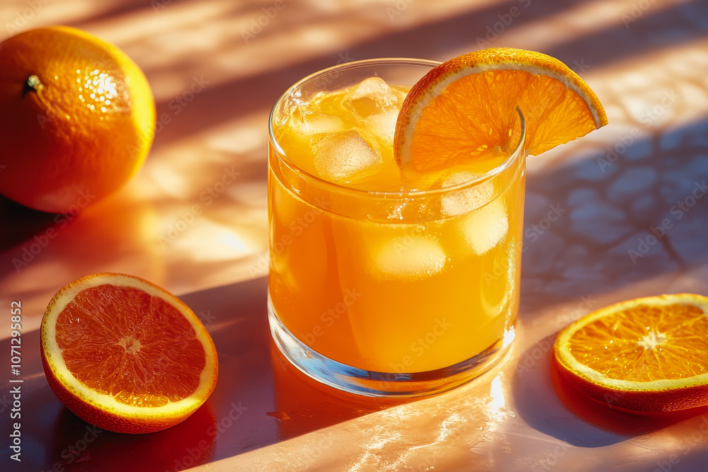 Poster a refreshing glass of orange juice filled with ice and garnished with a slice of orange. the smooth 