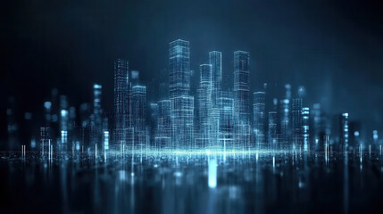 Naklejka premium Futuristic city skyline with glowing skyscrapers and digital effects, creating vibrant urban atmosphere
