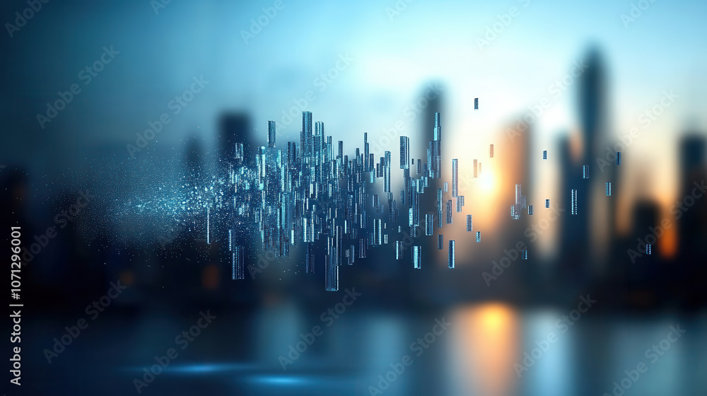 Poster digital cityscape with floating data bars and particles, creating futuristic atmosphere. scene evoke