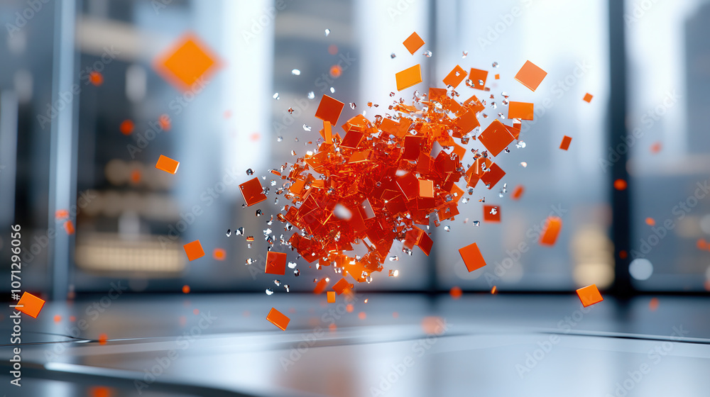 Poster dynamic explosion of orange crystal shards creates vibrant visual effect in modern setting, evoking sense of energy and movement