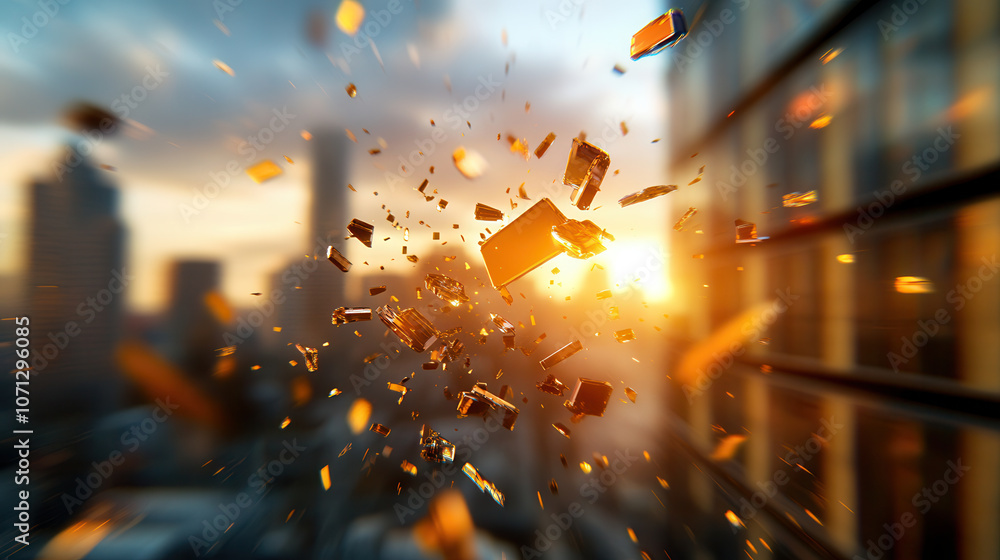Poster swirling swarm of crystal shard particles illuminated by sunset dynamic explosion effect in urban se