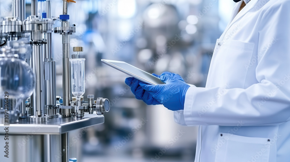 Poster worker in lab coat using tablet in industrial setting, showcasing technology and innovation in scien