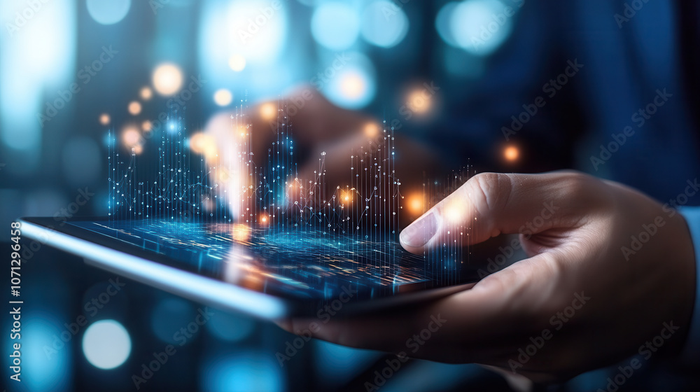 Poster hand holding tablet displaying digital data visualization in industrial setting, showcasing technolo