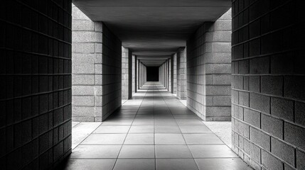 A long, narrow corridor with brick walls and a tiled floor.