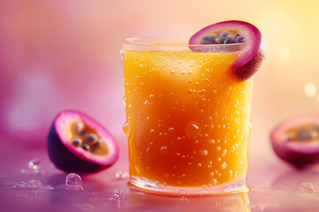 A vibrant glass of passion fruit juice sits on a smooth gradient background, showcasing condensation and garnished with a slice of fresh fruit, ideal for summer refreshment.