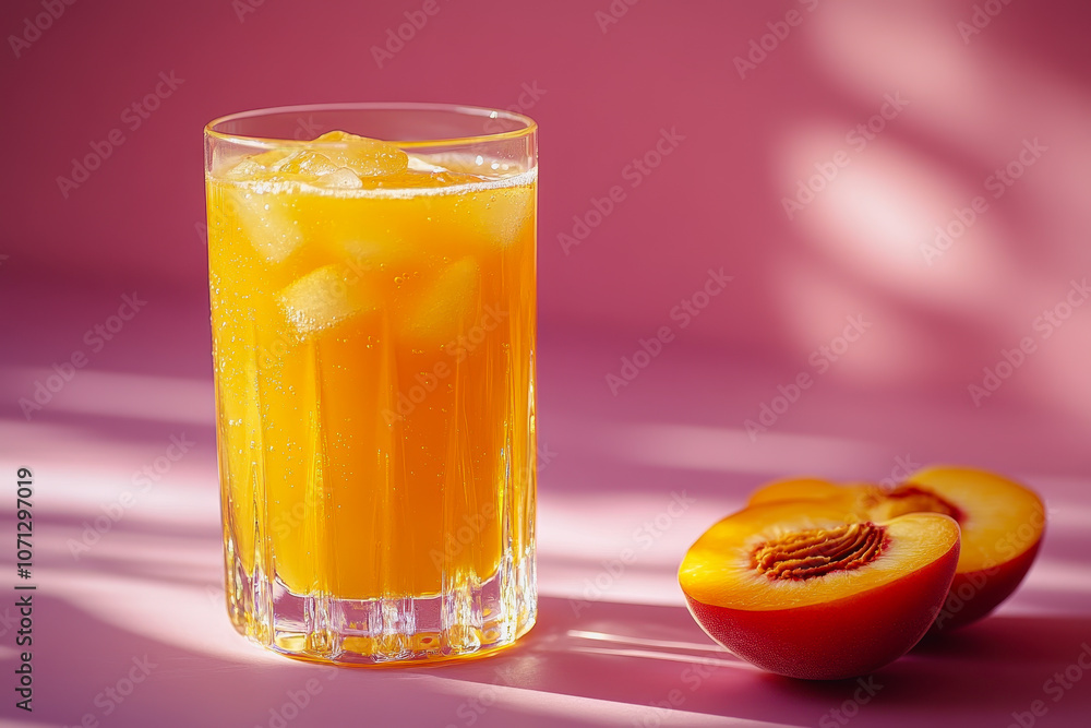 Poster a vibrant glass of refreshing peach juice sits next to a peach slice on a smooth gradient background