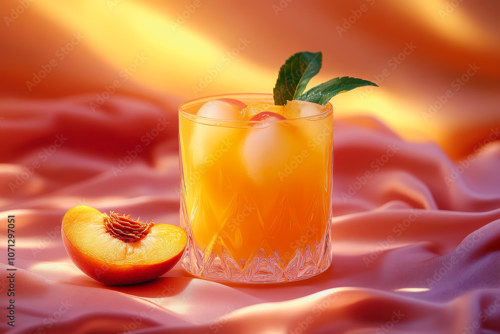 Poster enjoy a refreshing peach juice in a glass, complete with ice and a mint garnish, elegantly placed on