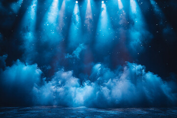 Empty stage with blue spotlights, blurred background
