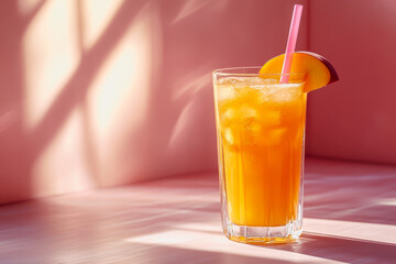 Fototapeta premium A tall glass of refreshing peach juice filled with ice and garnished with a slice of peach. The soft gradient background enhances the drink's vibrant appeal. Perfect for summer!