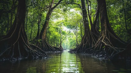 Lush jungle scene with waterway and towering trees.