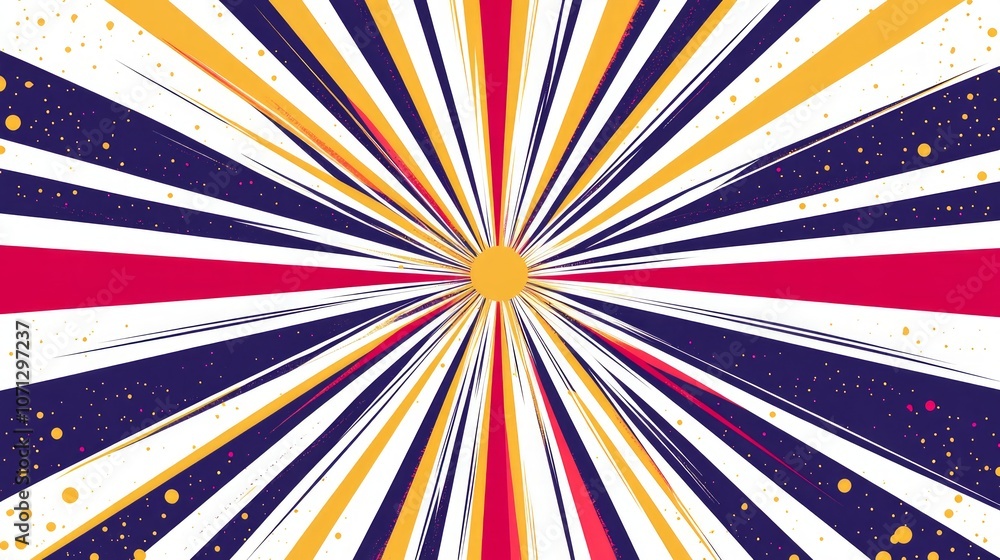 Poster abstract colorful radial lines with yellow and red highlights and scattered dots on white background