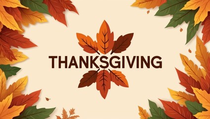 Thanksgiving Day logo with autumn leaves in warm, earthy colors.