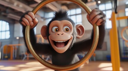 Playful Cartoon Monkey on Gymnastic Rings