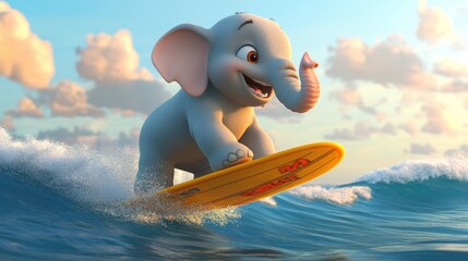 Cartoon Elephant Balancing on Surfboard in Ocean Waves