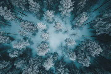Aerial drone forest survey photograph, top down bird's eye view, woodland trees background, surveying landscape trees