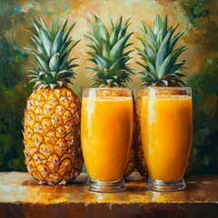 This vibrant image showcases fresh pineapple juice served in tall glasses alongside whole pineapples, perfect for a tropical-themed refreshment.