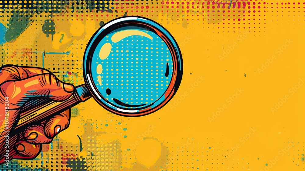 Poster a hand holding a magnifying glass in front of a yellow background with colorful spots and a halftone