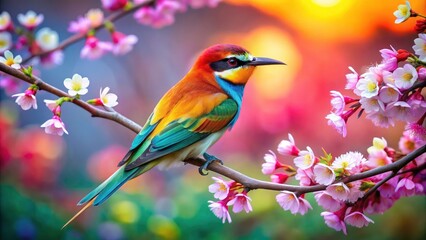 Vibrant Drone Photography of a Colorful Bird on a Blooming Branch with Artistic Backdrop