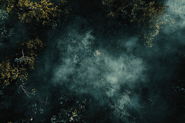 Obraz premium Aerial drone forest survey photograph, top down bird's eye view, woodland trees background, surveying landscape trees