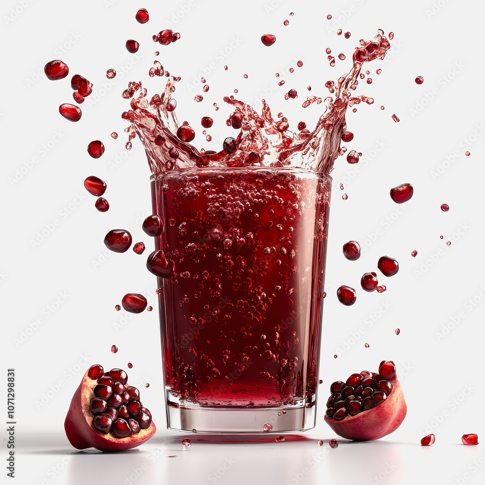 Poster a stunning representation of fresh pomegranate juice splashing in a glass. rich red color and dynami