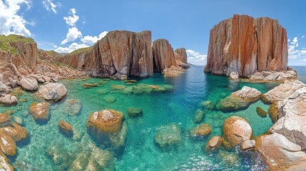 A panoramic view of a beautiful secluded cove with clear turquoise water, surrounded by towering red cliffs and scattered rocks.