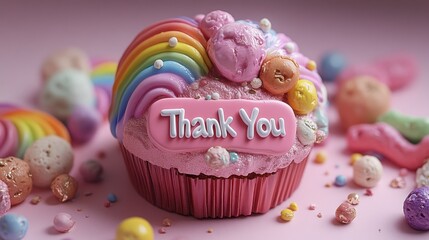 A pink cupcake with rainbow frosting and the words "Thank You" on top, surrounded by colorful sprinkles and other decorations.
