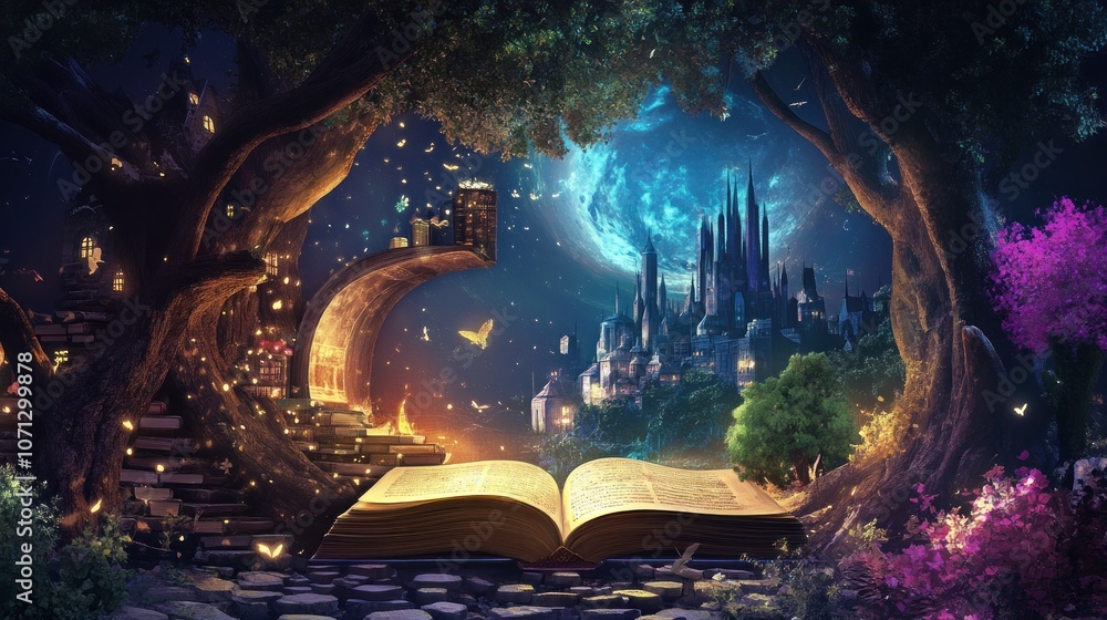 Poster a magical scene featuring an open book surrounded by enchanting trees and a distant city.