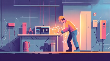Electrician Fixing Electrical Box in Cartoon Style
