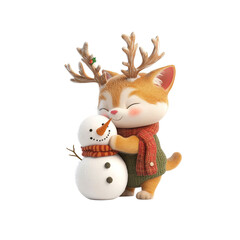 Cute Cat with Reindeer Antlers Hugging Snowman for Christmas