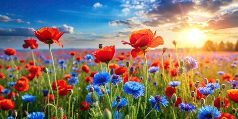Obraz premium Vivid Field of Bright Red Poppies and Blue Cornflowers in Full Bloom - Nature's Colorful Floral Display Captured in High Depth of Field for Stunning Visuals