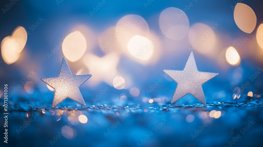 Poster sparkling decorative stars amidst soft bokeh background lights creating a festive atmosphere