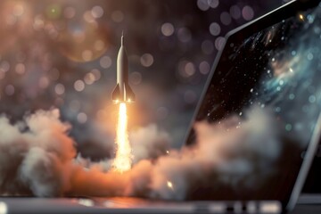 Image of a space rocket launching from a laptop screen, symbolizing powerful technology